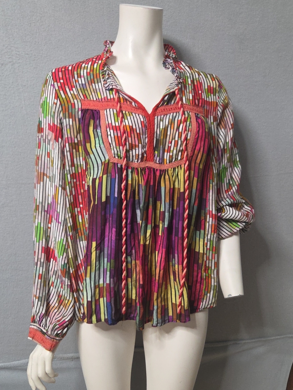 Anthropologie Multicolor Striped Boho Tunic with Braided Tie